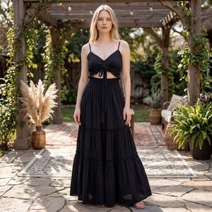 Boho Chic Goth summer Flowy Black Tiered Maxi Dress Cutout Tie Front Small NWT
